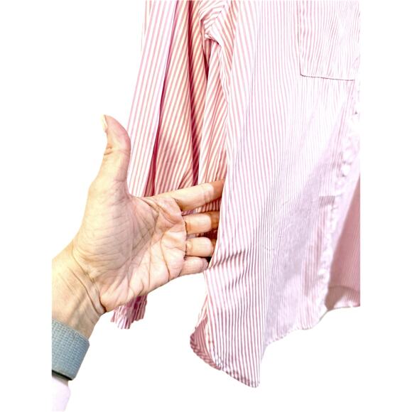 Pink/White Striped Boyfriend Shirt w/ Smocked Cuffs and Pockets Size Small - Picture 9 of 10